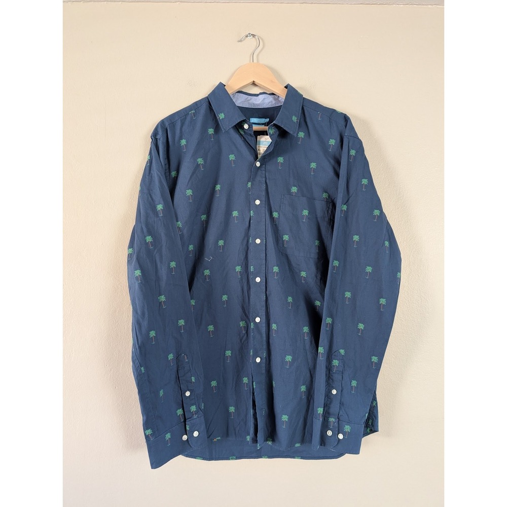 J McLaughlin Gramercy Modern‎ Fit Shirt Navy Palm Tree Print Long Sleeve Mens XL